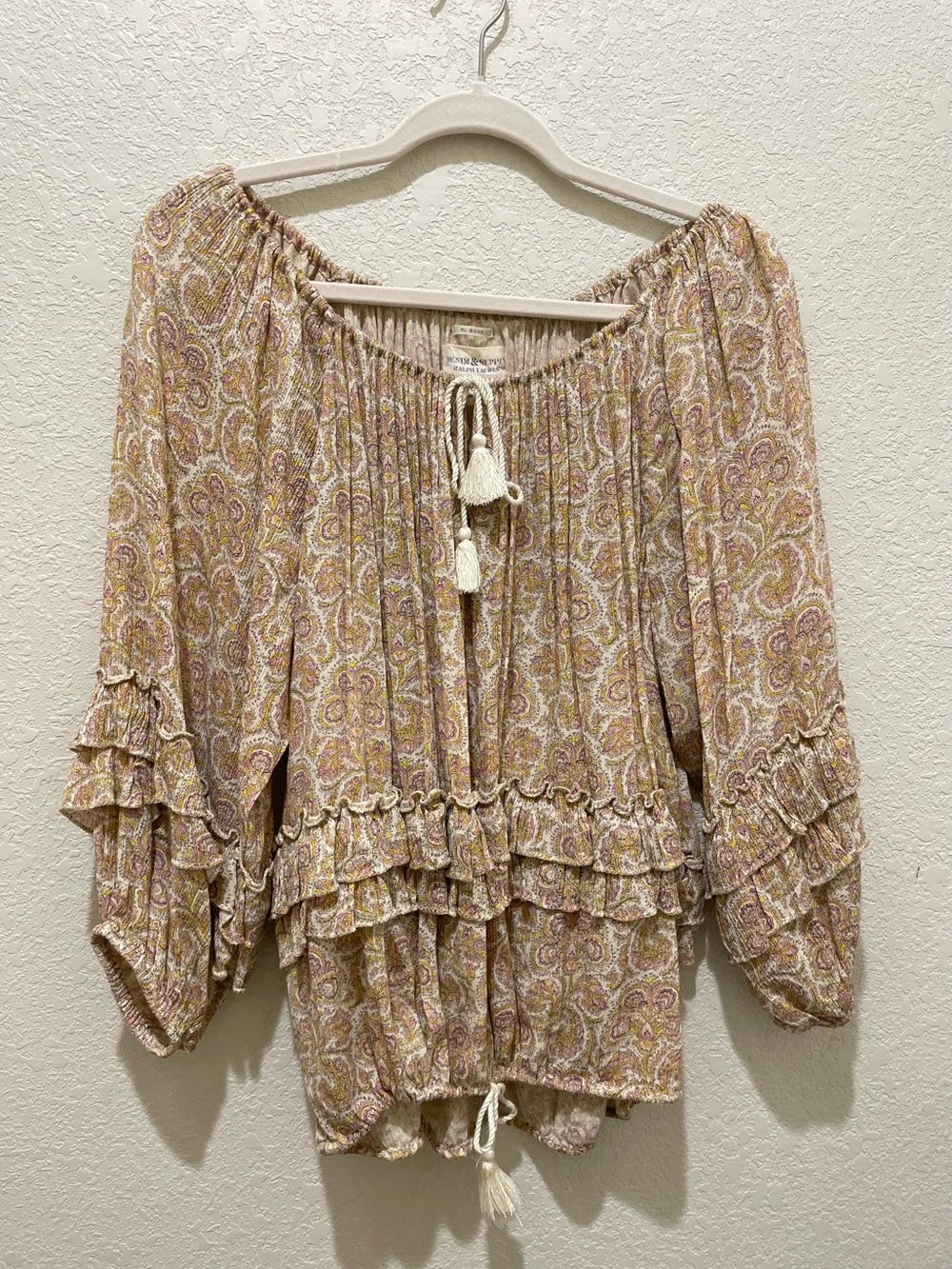 Ralph Lauren Denim & Supply Beige Paisley Tassel Tie-Neck Ruffle Blouse - Picture 2 of 6